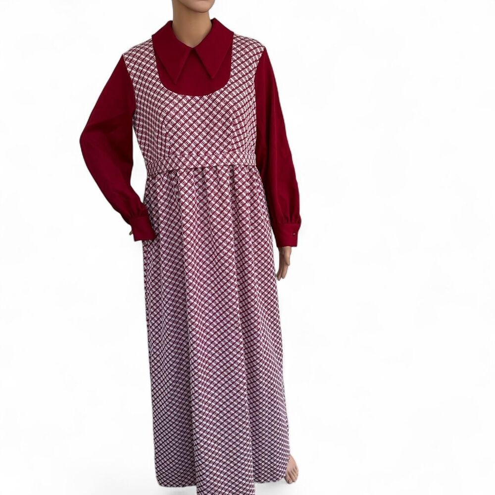 Vintage 60s 70s Dark Red Burgundy Collar Dress Long Mary Jane M